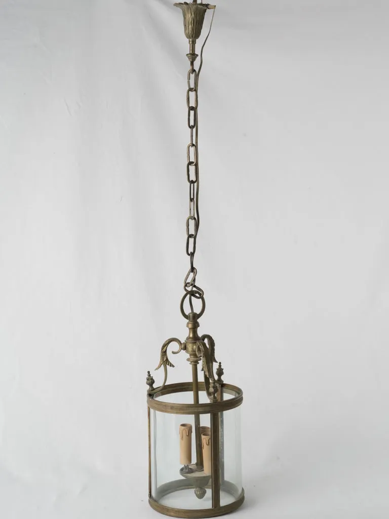 19th-century French pendant lantern w/ 3 lights - brass 19"