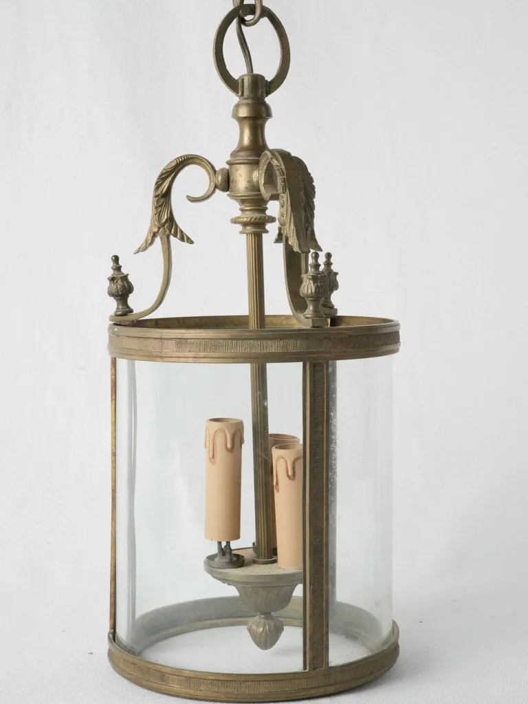 19th-century French pendant lantern w/ 3 lights - brass 19"