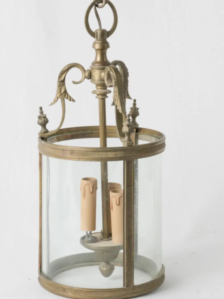 19th-century French pendant lantern w/ 3 lights - brass 19"