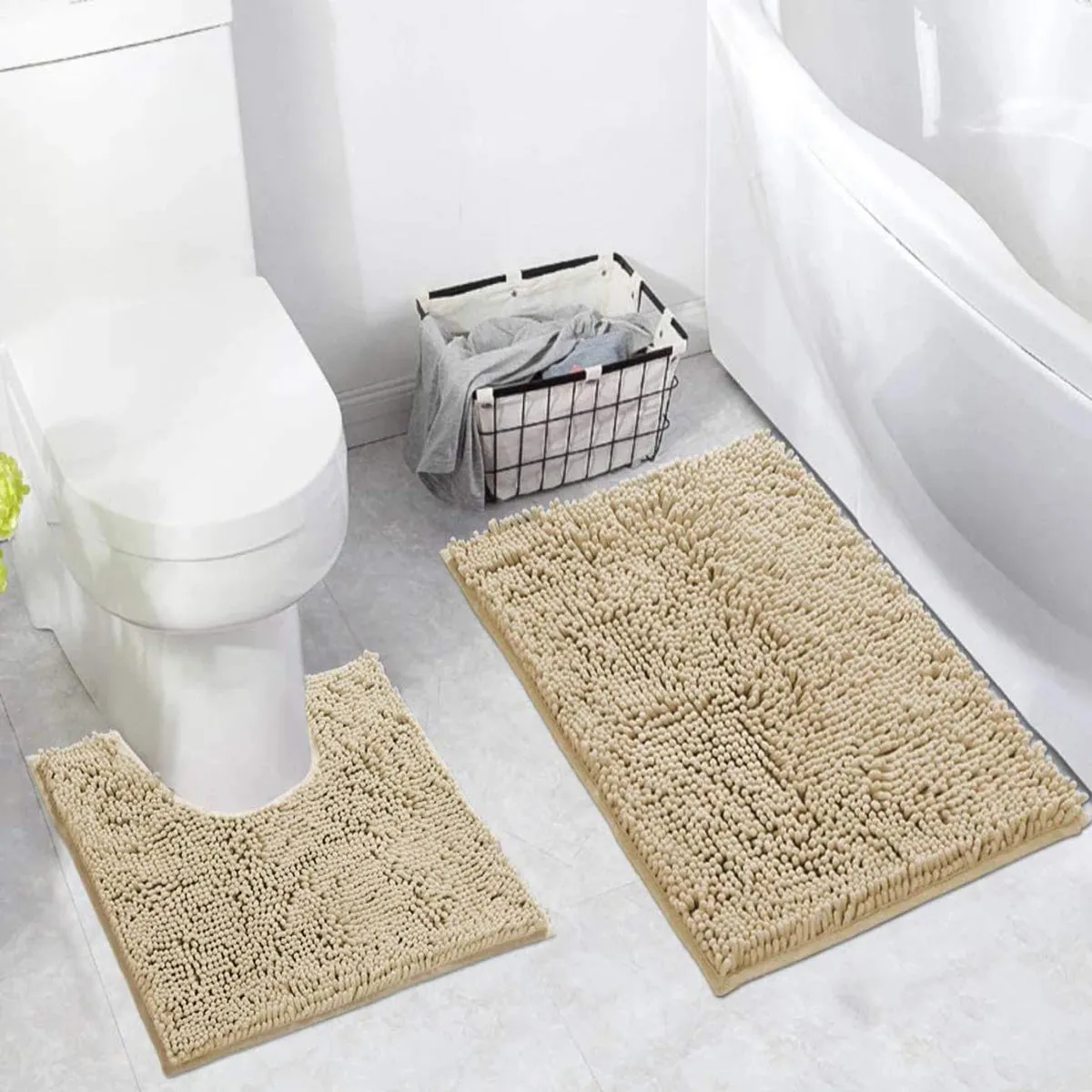 2 PCs Microfiber Anti Slip Commode Mat Set-14643Beige