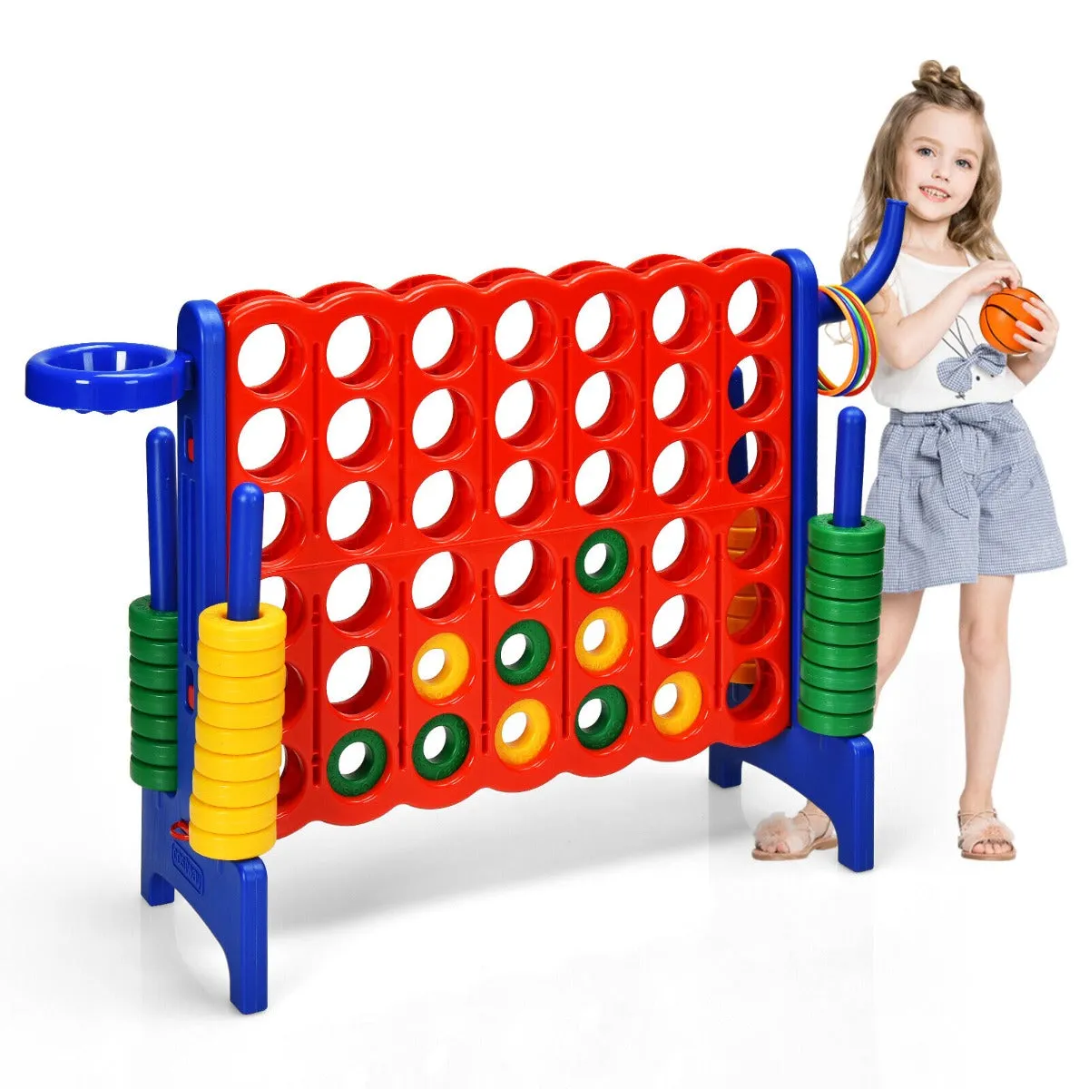 3-in-1 Giant Connect 4 Game Set with Basketball Hoop and Ring Toss