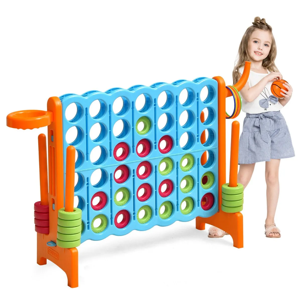 3-in-1 Giant Connect 4 Game Set with Basketball Hoop and Ring Toss