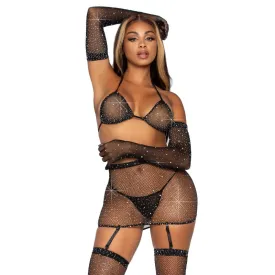 5 Pc Rhinestone Bikini Top G-String Garter Skirt  Gloves and Stockings - One Size - Black