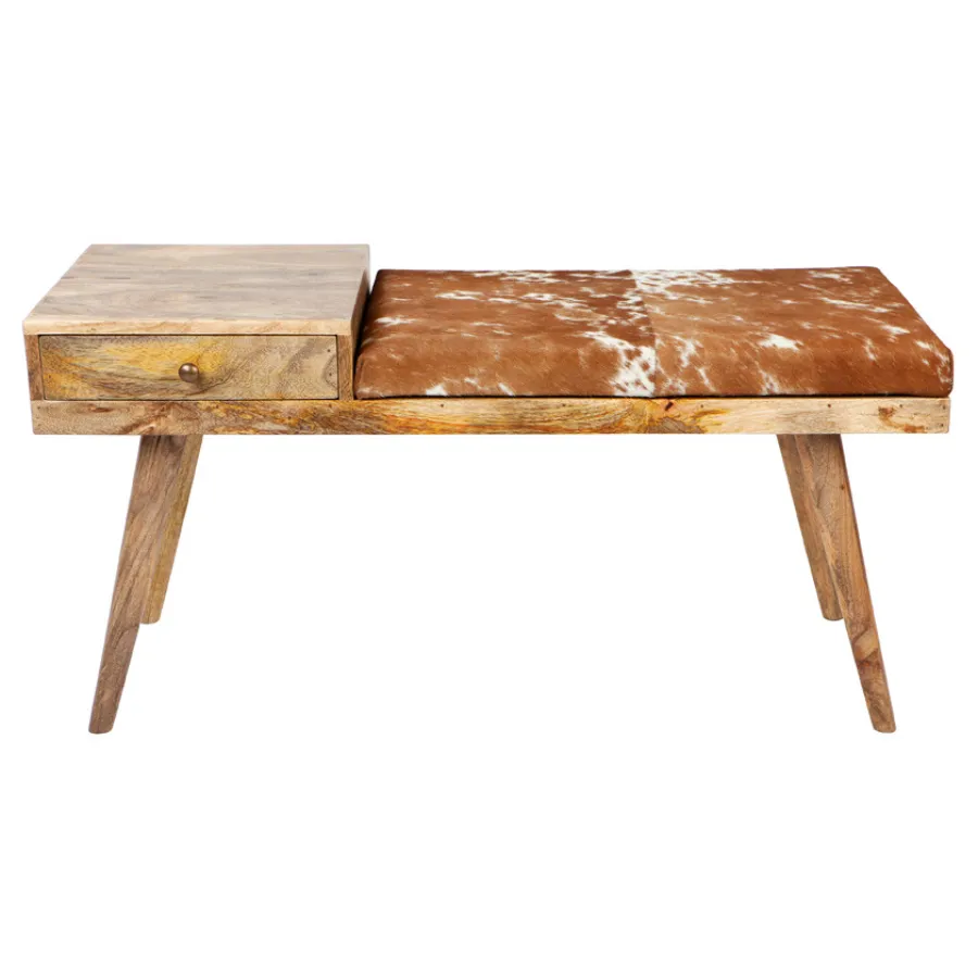 Aurora Hairon Leather & Wood Seating Bench with Drawer - 100 cm