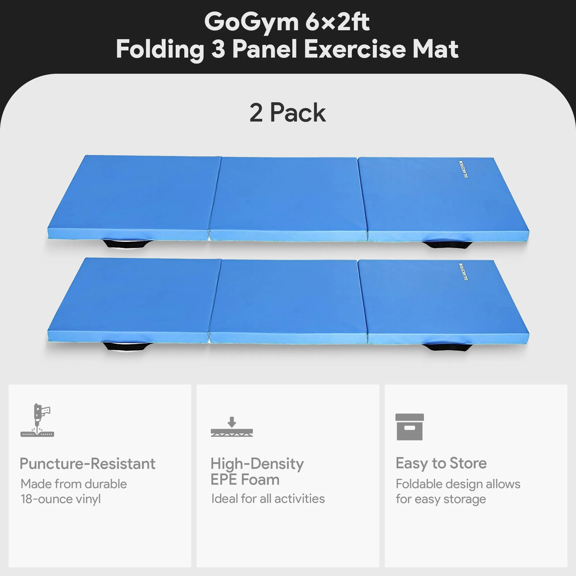 BalanceFrom Fitness GoGym 6x2ft Folding Exercise Mat with Handles, Blue (2 Pack)