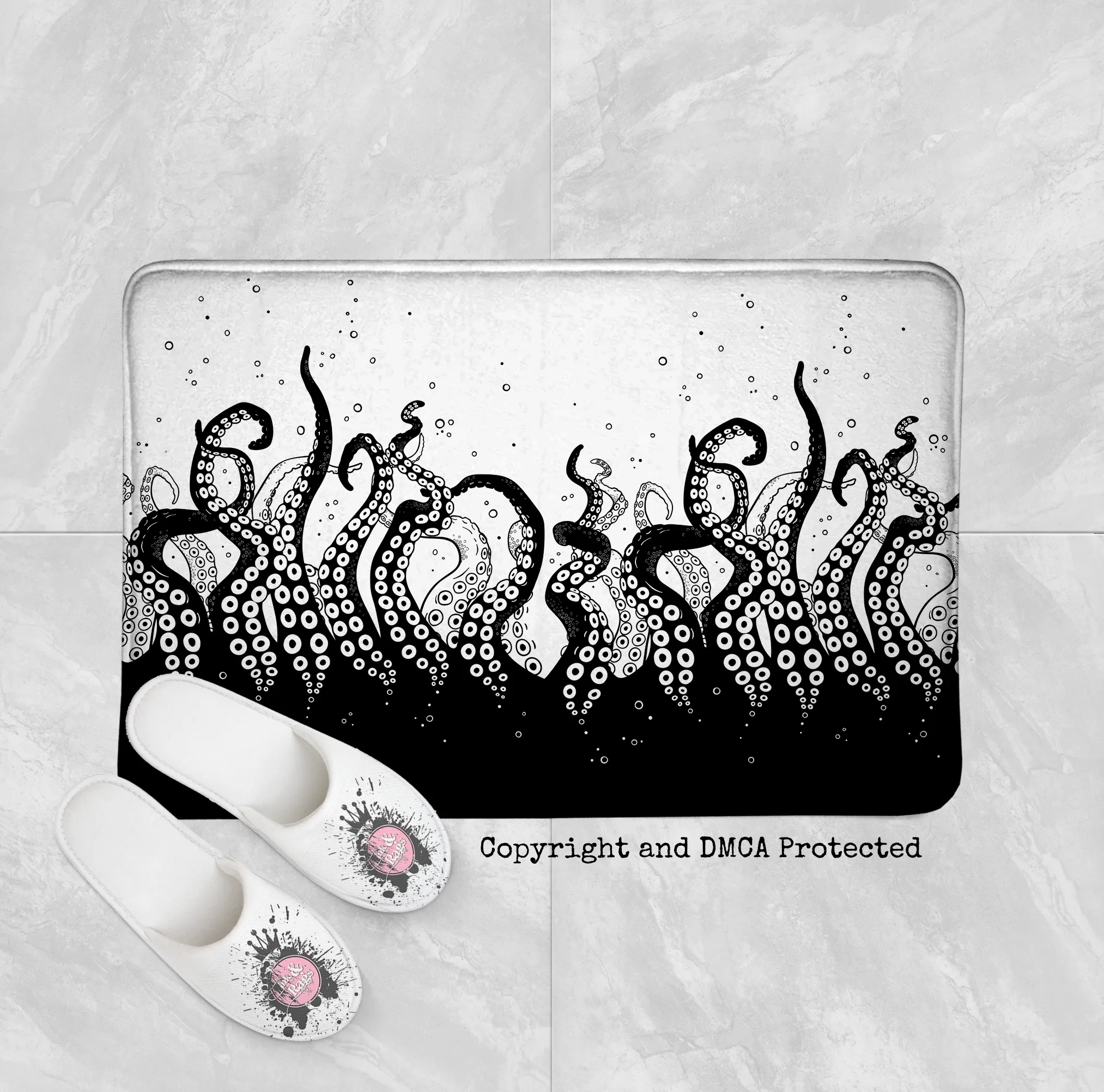 Black Bottom Octopus Tentacle Shower Curtains and Optional Bath Mats