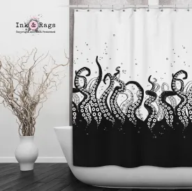 Black Bottom Octopus Tentacle Shower Curtains and Optional Bath Mats