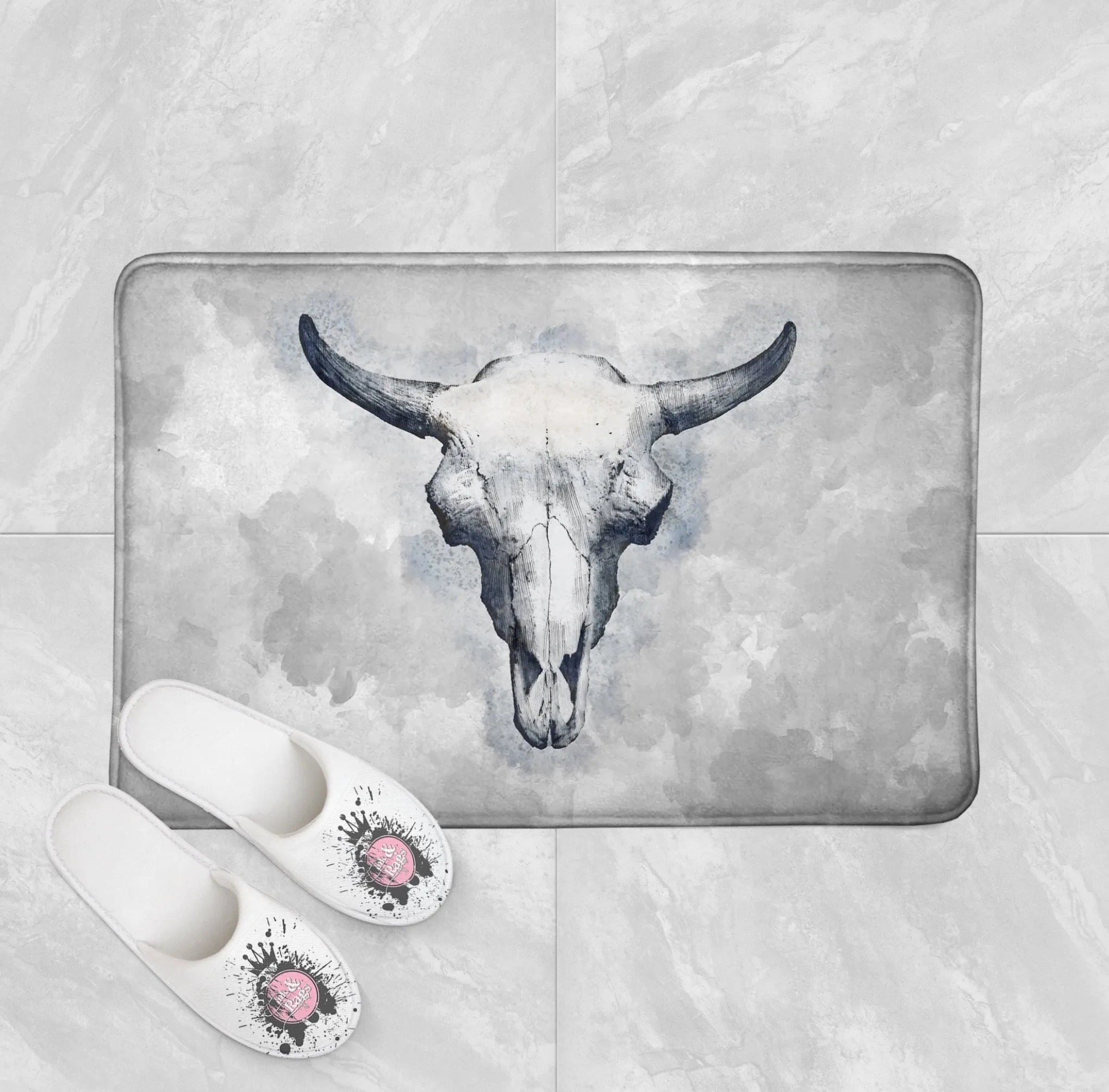 Blue Bull Cow Skull Shower Curtains and Optional Math Mats