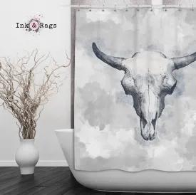 Blue Bull Cow Skull Shower Curtains and Optional Math Mats