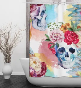 Bright Watercolor Skull & Flower Shower Curtains and Optional Bath Mats