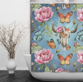 Bull Skull Peony Butterfly Shower Curtains and Optional Bath Mats