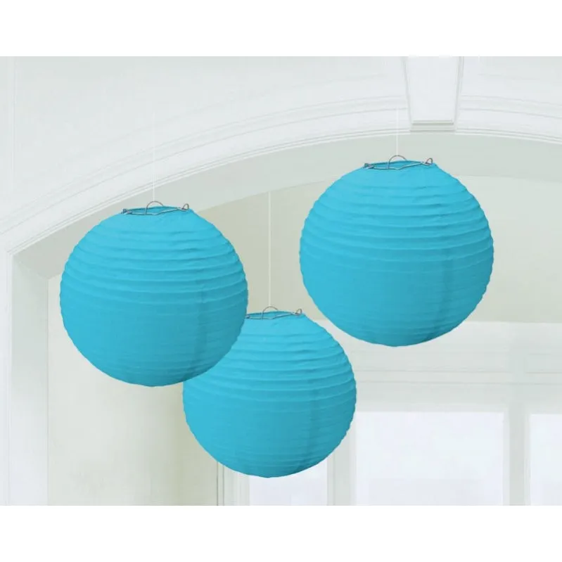 Caribbean Blue Round Paper Lanterns 3pk 24cm