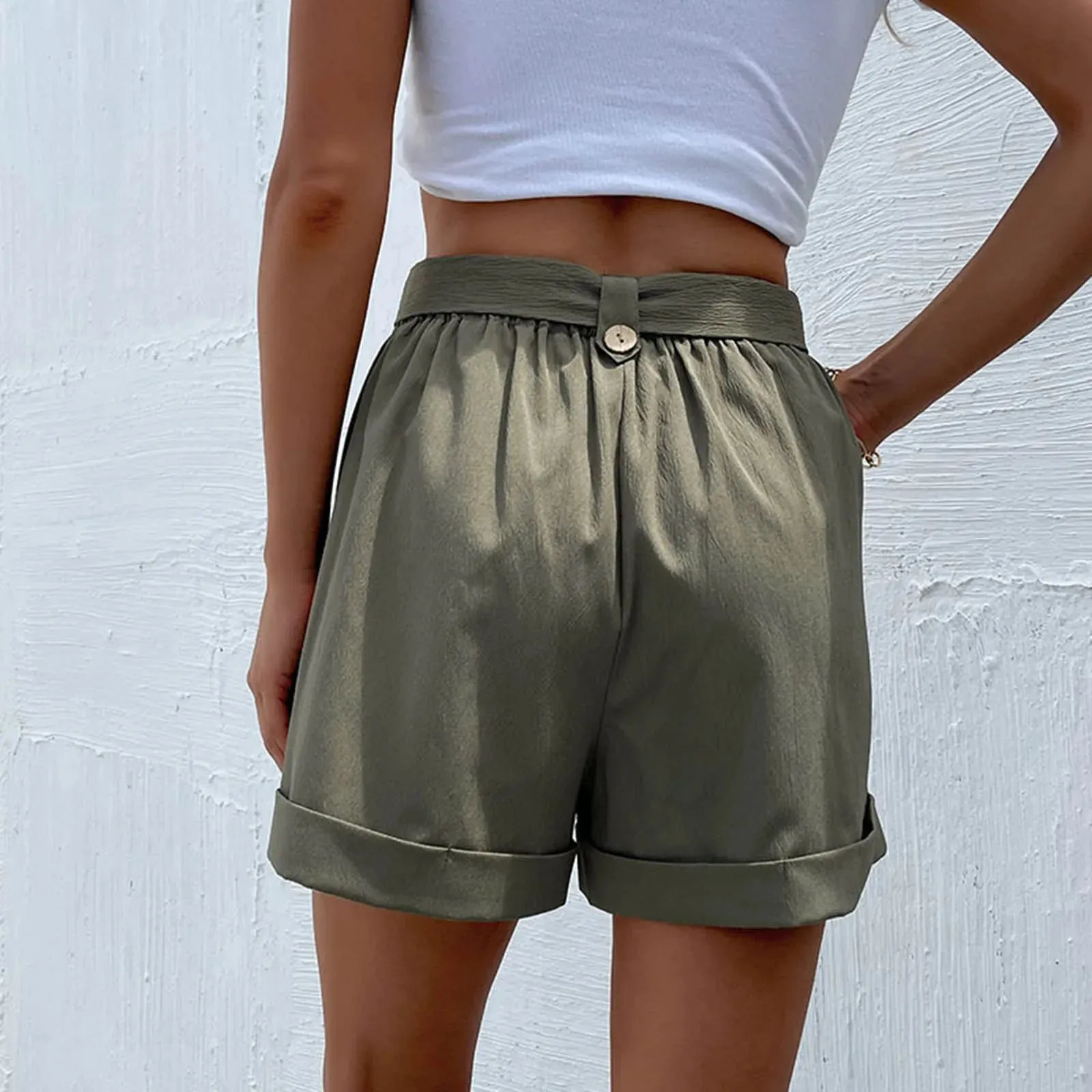 Casual Green Female Shorts with Belt