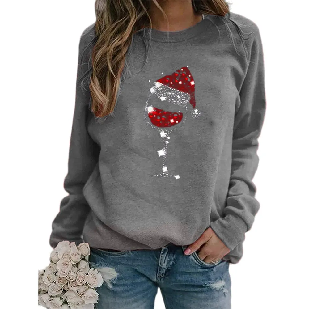 Christmas hat red wine glass pattern printed round neck long-sleeved sweater