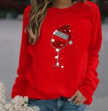 Christmas hat red wine glass pattern printed round neck long-sleeved sweater