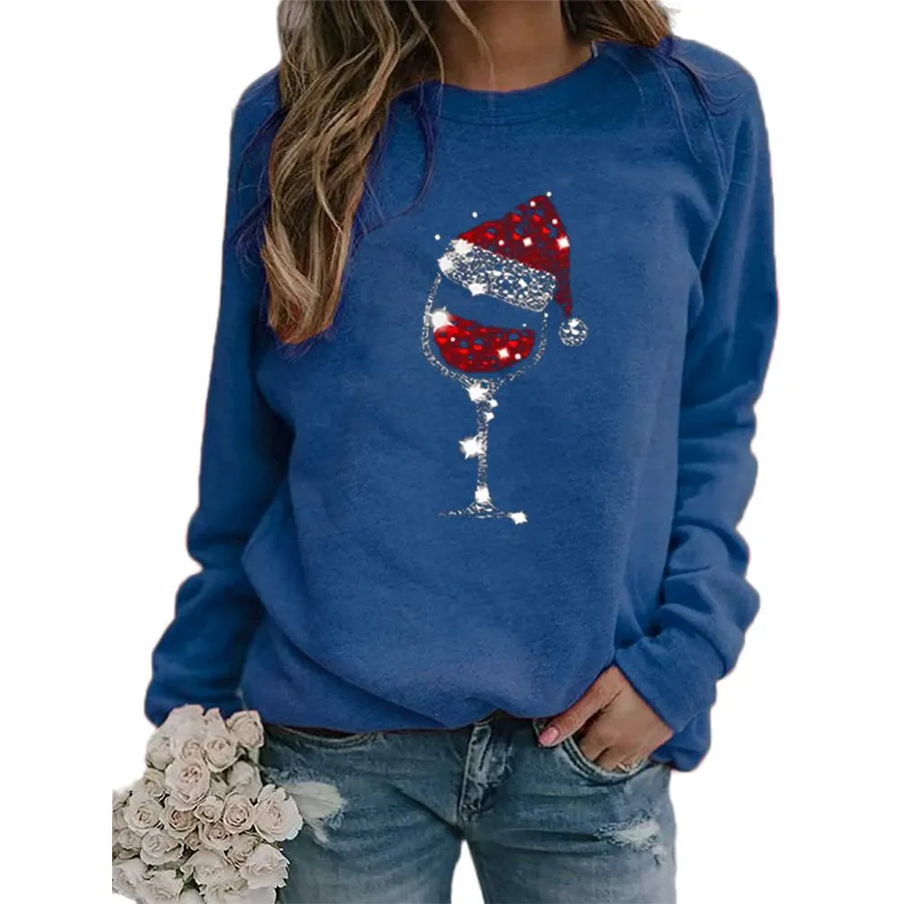 Christmas hat red wine glass pattern printed round neck long-sleeved sweater