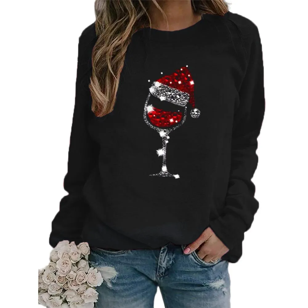 Christmas hat red wine glass pattern printed round neck long-sleeved sweater