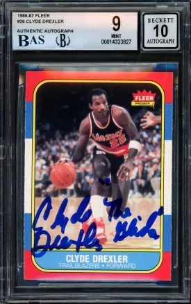 Clyde Drexler Autographed 1986-87 Fleer Rookie Card #26 Portland Trail Blazers BGS 9 Auto Grade Gem Mint 10 Beckett BAS #14323827