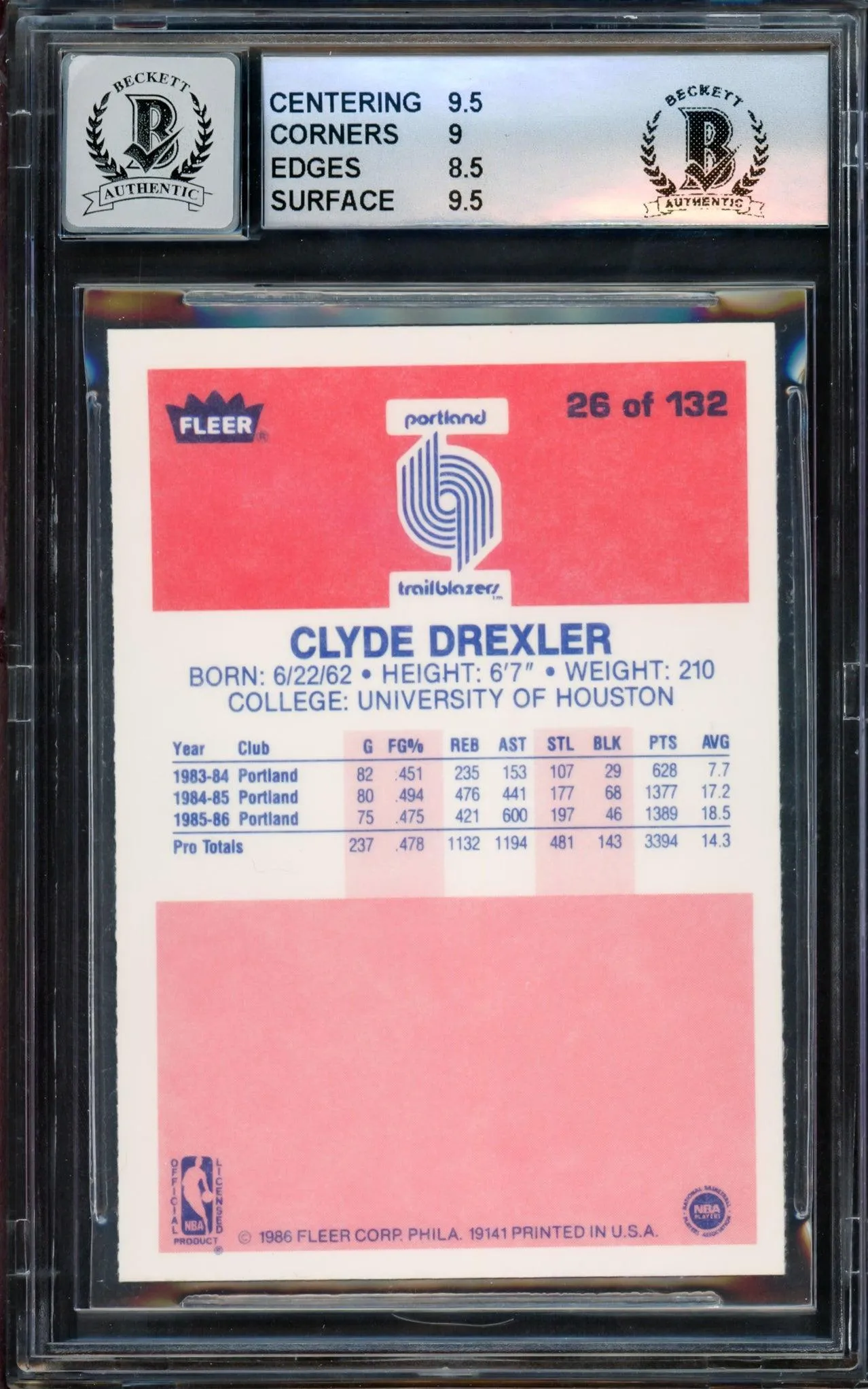 Clyde Drexler Autographed 1986-87 Fleer Rookie Card #26 Portland Trail Blazers BGS 9 Auto Grade Gem Mint 10 Beckett BAS #14323827