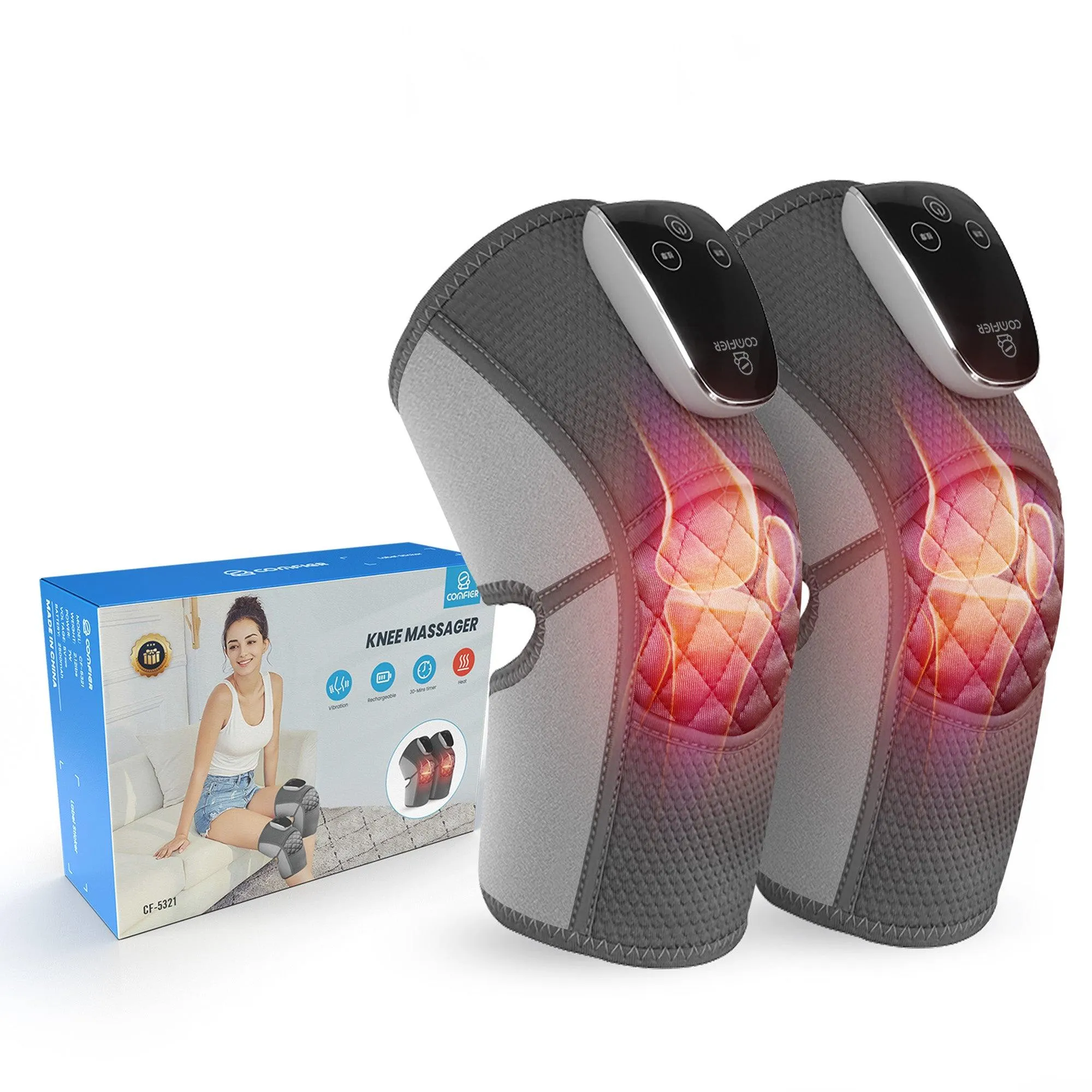 COMFIER Cordless Knee Massager with Heat, Vibration Knee Brace Wrap for Arthritis Pain Relief, 3-in-1 Heating Pad for Knee Shoulder Elbow, Knee Warmer, Electric Knee Support Pad Sleeve (Pair Pack) CF-5321