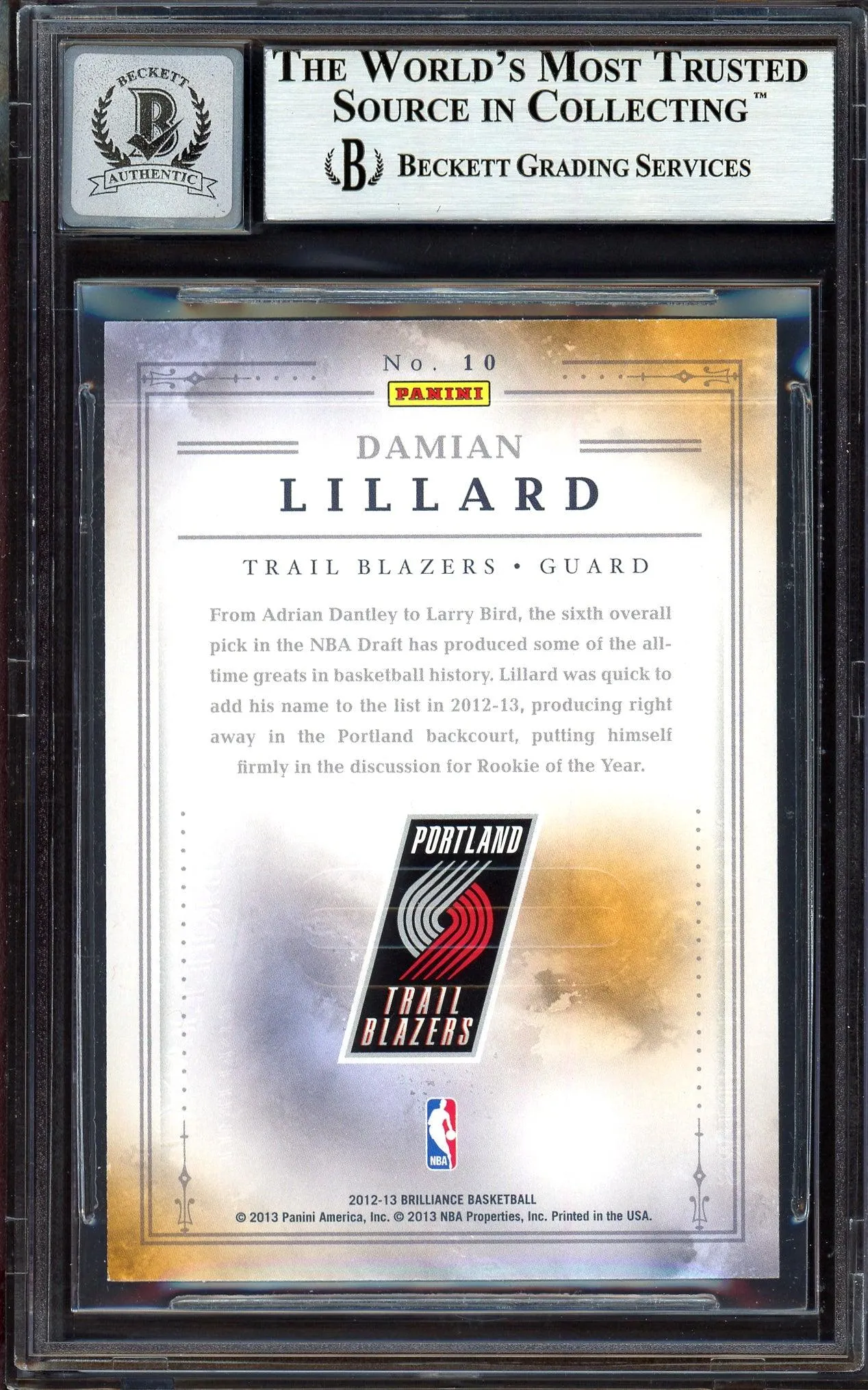 Damian Lillard Autographed 2012-13 Panini Brilliance Magic Numbers Rookie Card #10 Portland Trail Blazers Auto Grade Gem Mint 10 Beckett BAS #13605356