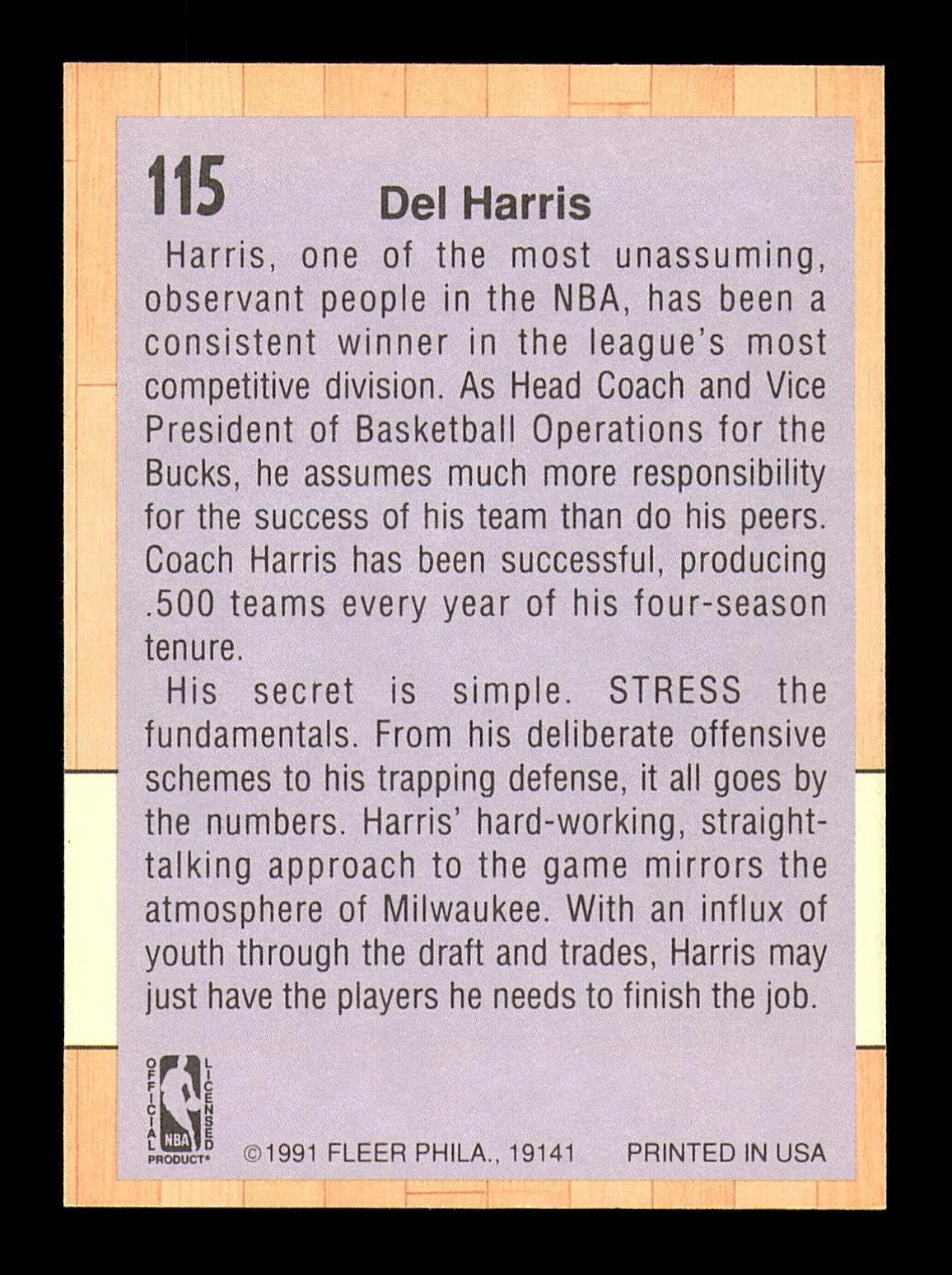 Del Harris Autographed 1991-92 Fleer Card #115 Milwaukee Bucks SKU #183284