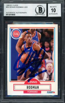 Dennis Rodman Autographed 1990-91 Fleer Card #59 Detroit Pistons Auto Grade 10 Beckett BAS Stock #184726