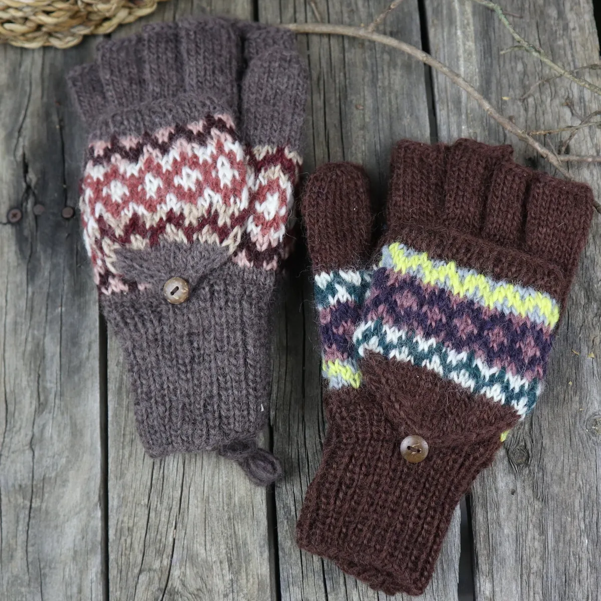 Fair Trade Ethical Adult Fingerless Gloves with Cap Patterned Design Browns