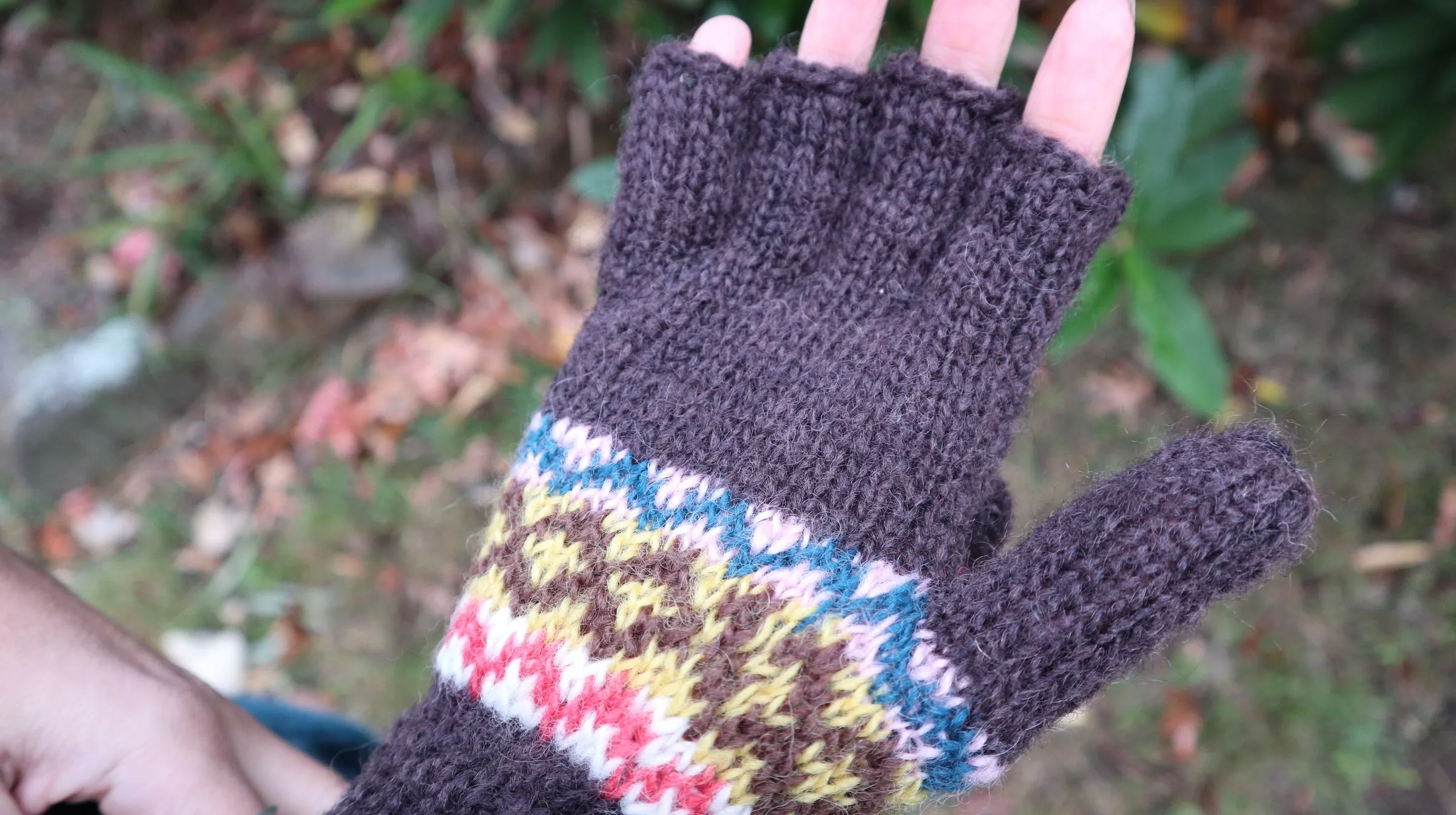 Fair Trade Ethical Adult Fingerless Gloves with Cap Patterned Design Browns