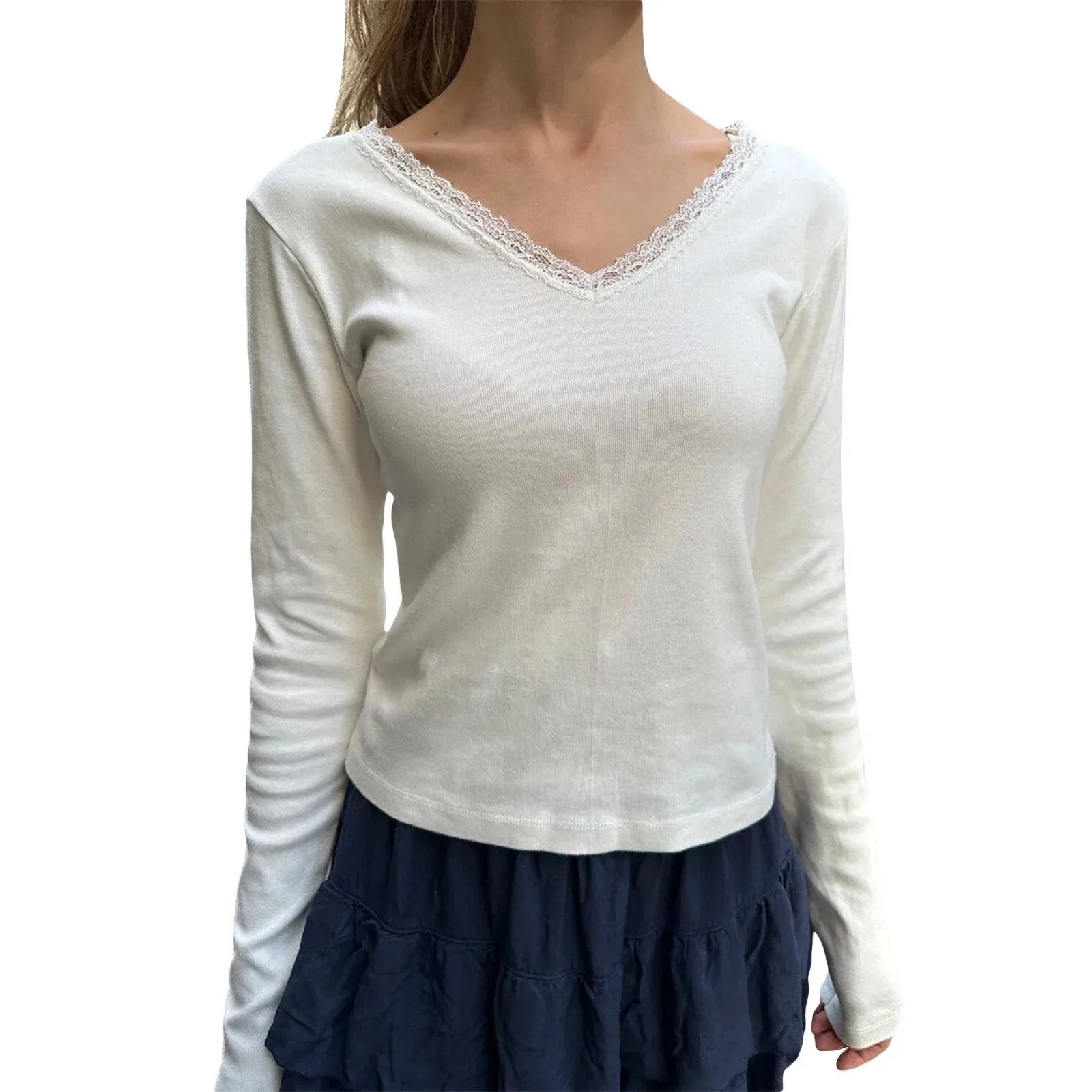 Fall Solid Color V Neck T-shirts Long Sleeve Lace Trim Slim Fit Basic Ladies Spring T-shirts