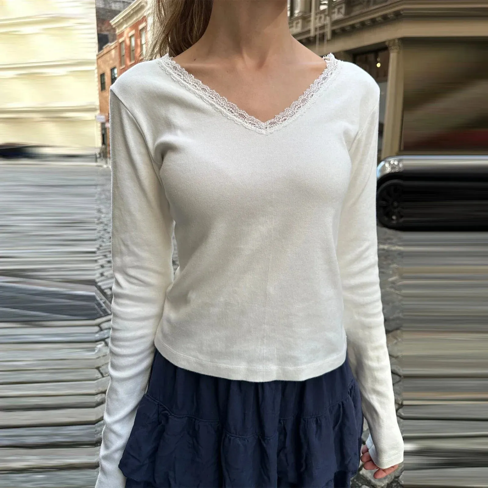 Fall Solid Color V Neck T-shirts Long Sleeve Lace Trim Slim Fit Basic Ladies Spring T-shirts