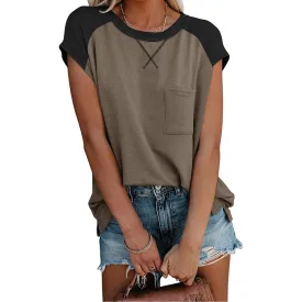 Fashion color matching raglan sleeves cross pocket short sleeve round neck T-shirt