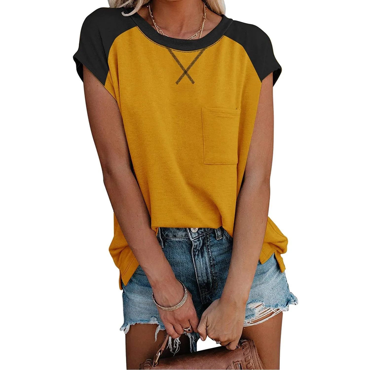 Fashion color matching raglan sleeves cross pocket short sleeve round neck T-shirt