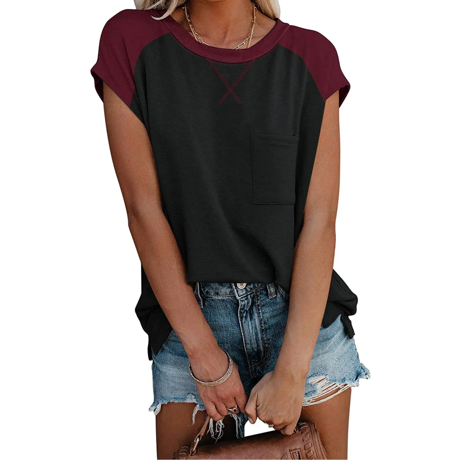 Fashion color matching raglan sleeves cross pocket short sleeve round neck T-shirt