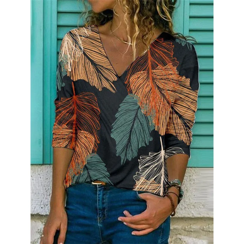 Fashion Printed Long Sleeve V-Neck Top Shirt