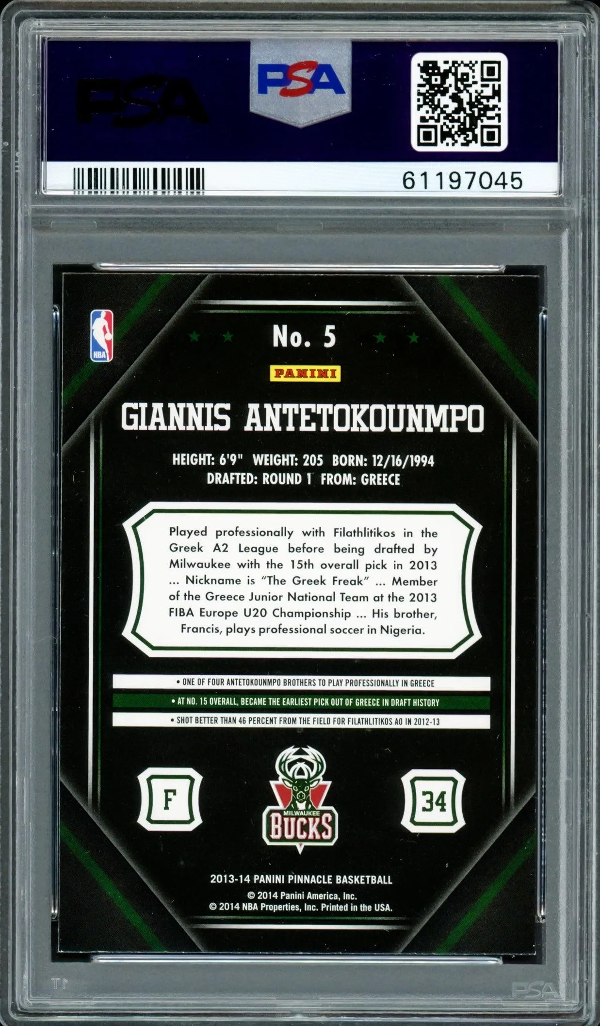 Giannis Antetokounmpo Autographed 2013 Panini Pinnacle Rookie Card #5 Milwaukee Bucks PSA 8 Auto Grade Mint 9 PSA/DNA #61197045