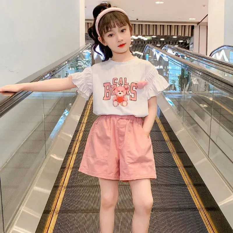 Girls Suit Puff Short Sleeves   Pink Shorts Summer Clothes 2024 New Korean Style Fashion Simple Outer Clothes 2-piece Set