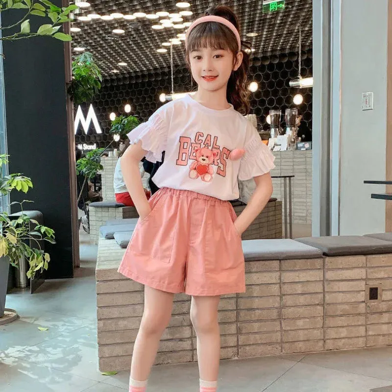 Girls Suit Puff Short Sleeves   Pink Shorts Summer Clothes 2024 New Korean Style Fashion Simple Outer Clothes 2-piece Set