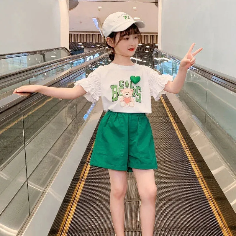 Girls Suit Puff Short Sleeves   Pink Shorts Summer Clothes 2024 New Korean Style Fashion Simple Outer Clothes 2-piece Set