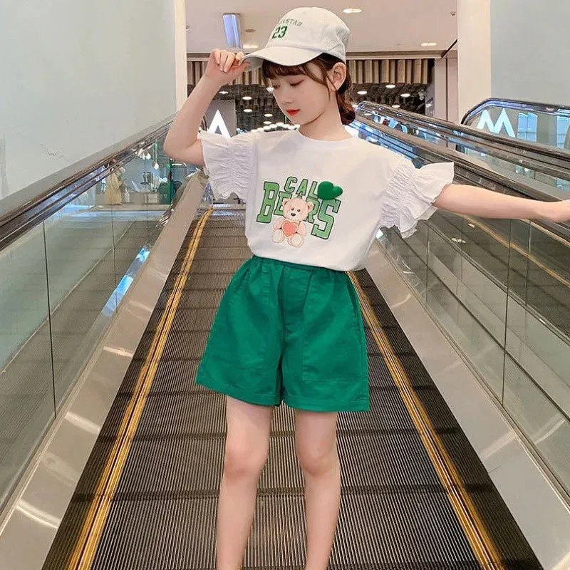 Girls Suit Puff Short Sleeves   Pink Shorts Summer Clothes 2024 New Korean Style Fashion Simple Outer Clothes 2-piece Set