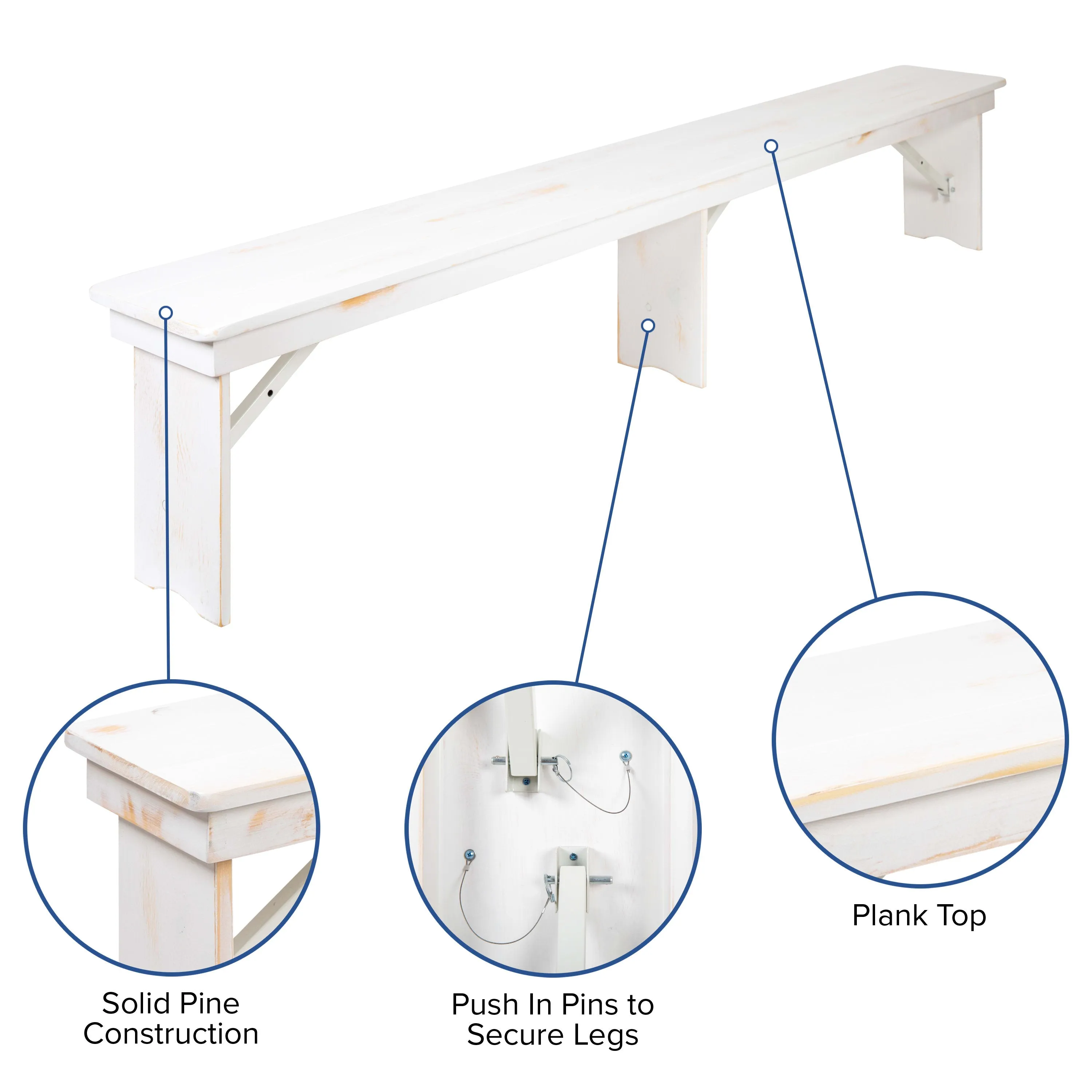 HERCULES Series 8' x 12'' Solid Pine Folding Farm Bench with 3 Legs