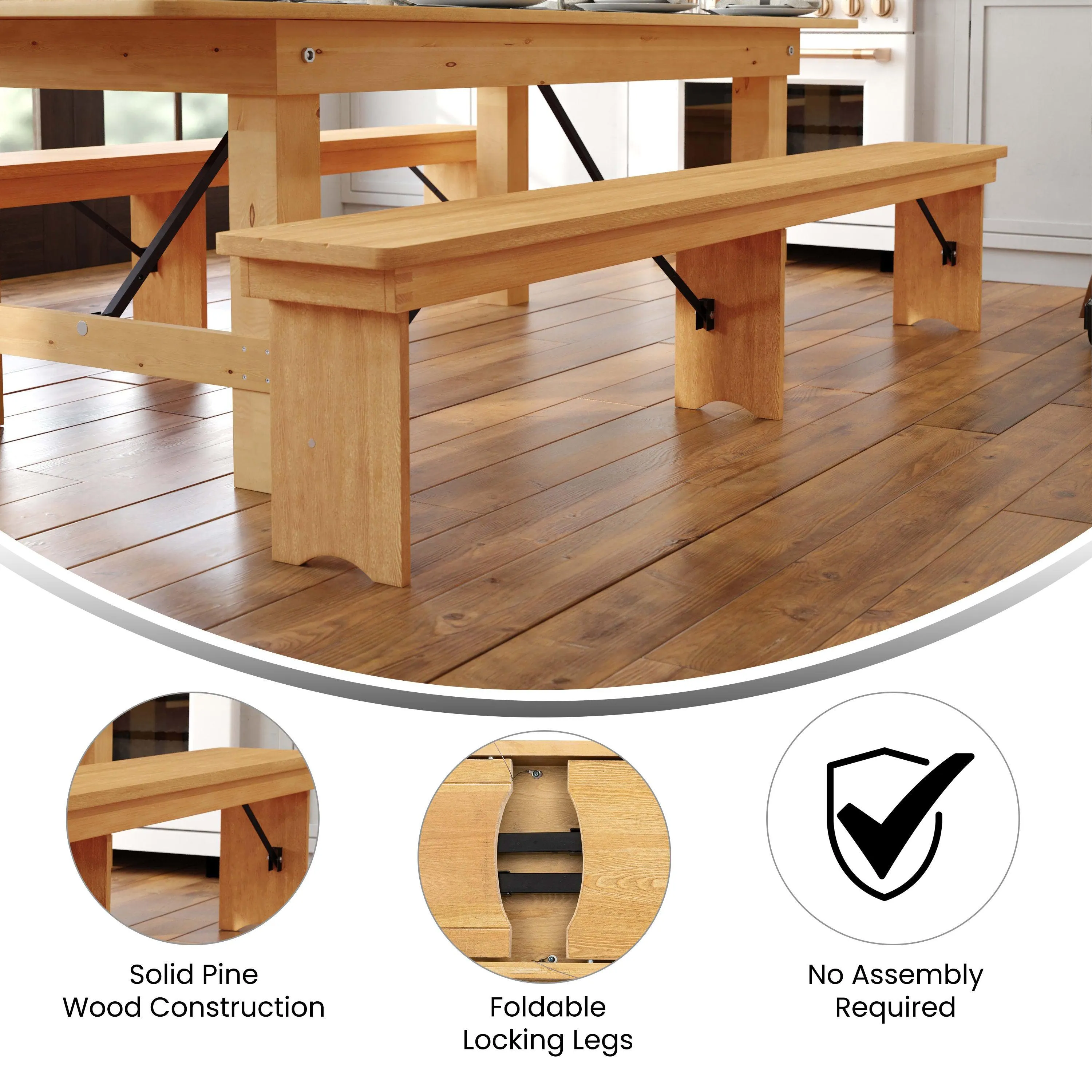 HERCULES Series 8' x 12'' Solid Pine Folding Farm Bench with 3 Legs