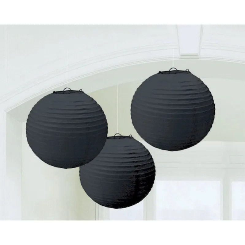 Jet Black Round Paper Lanterns 3pk 24cm