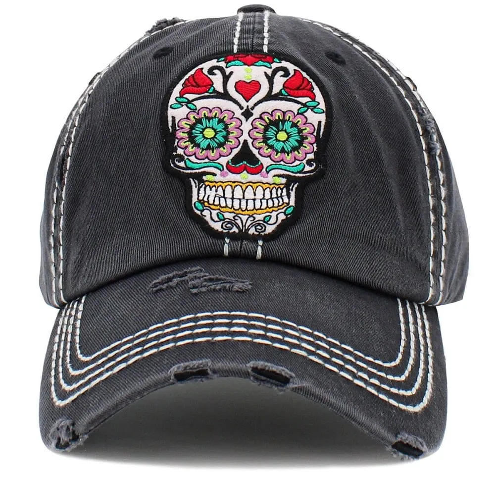 KBV1459 "Floral Sugar Skull" Washed Vintage Ballcap