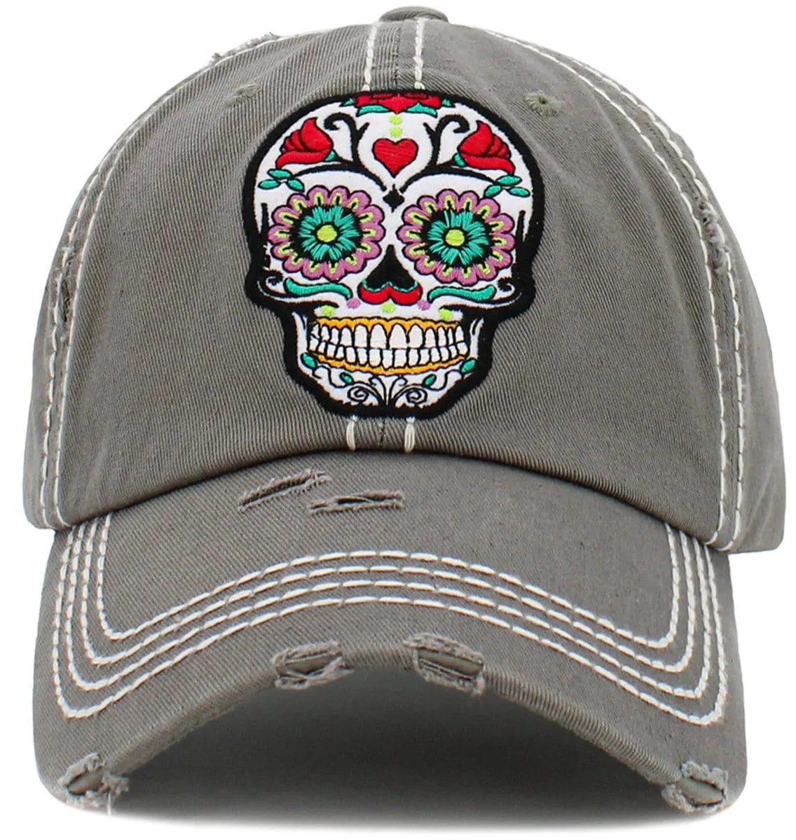 KBV1459 "Floral Sugar Skull" Washed Vintage Ballcap