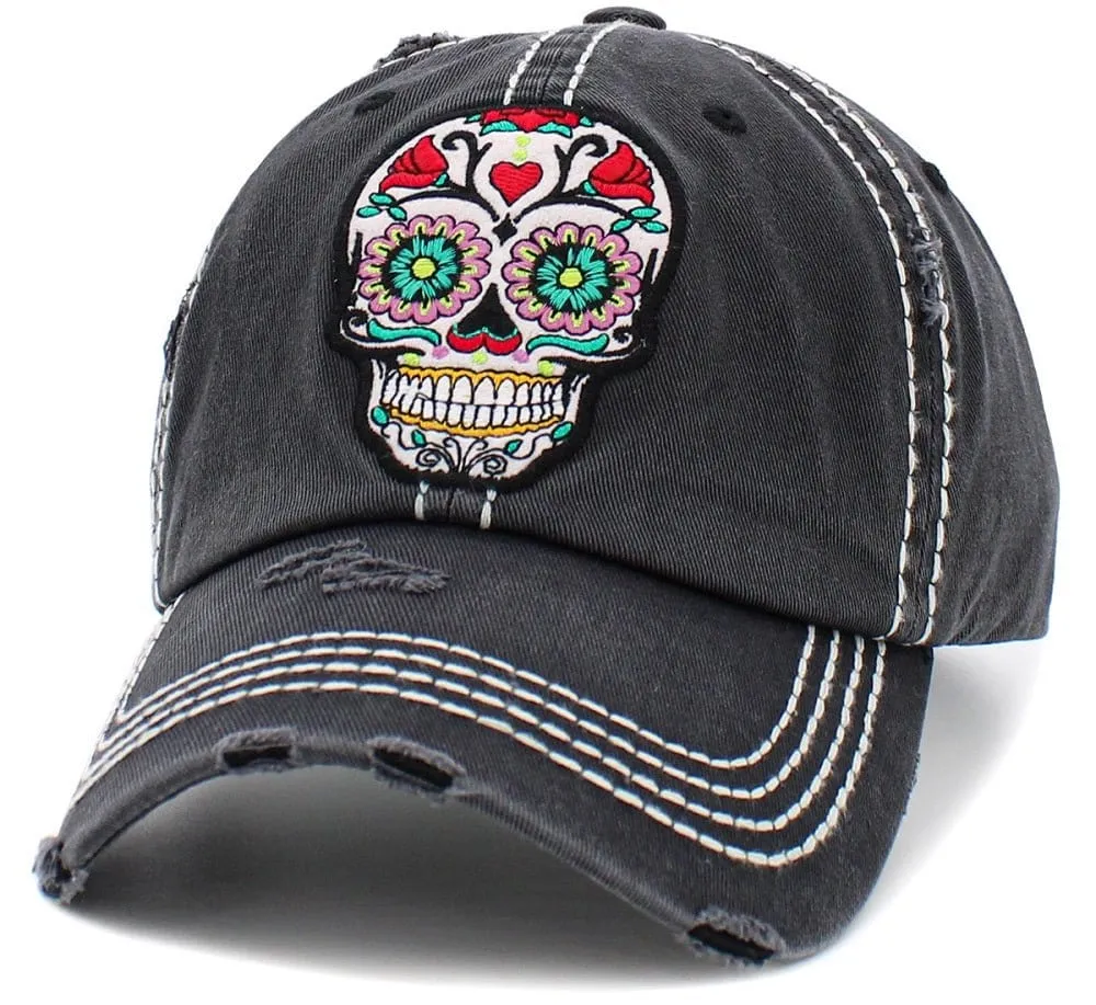 KBV1459 "Floral Sugar Skull" Washed Vintage Ballcap