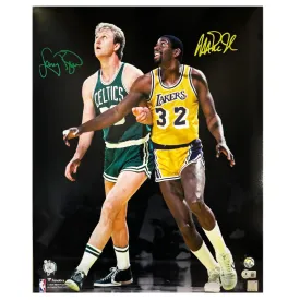 Larry Bird and Magic Johnson Signed Celtics vs Lakers Basketball 16x20 Photo (Beckett)