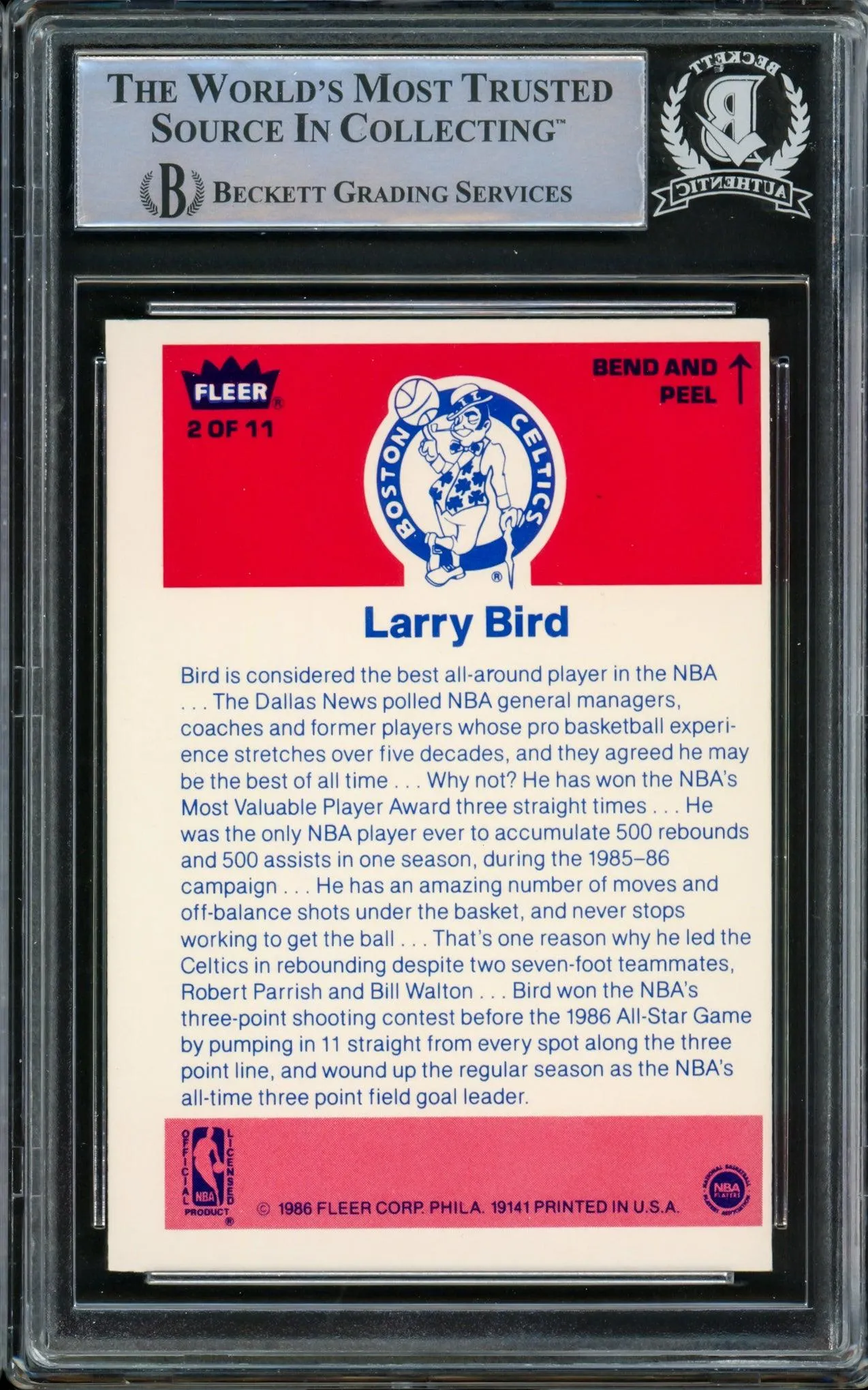 Larry Bird Autographed 1986-87 Fleer Sticker Card #2 Boston Celtics Beckett BAS #14612409