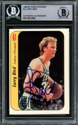 Larry Bird Autographed 1986-87 Fleer Sticker Card #2 Boston Celtics Beckett BAS #14612409