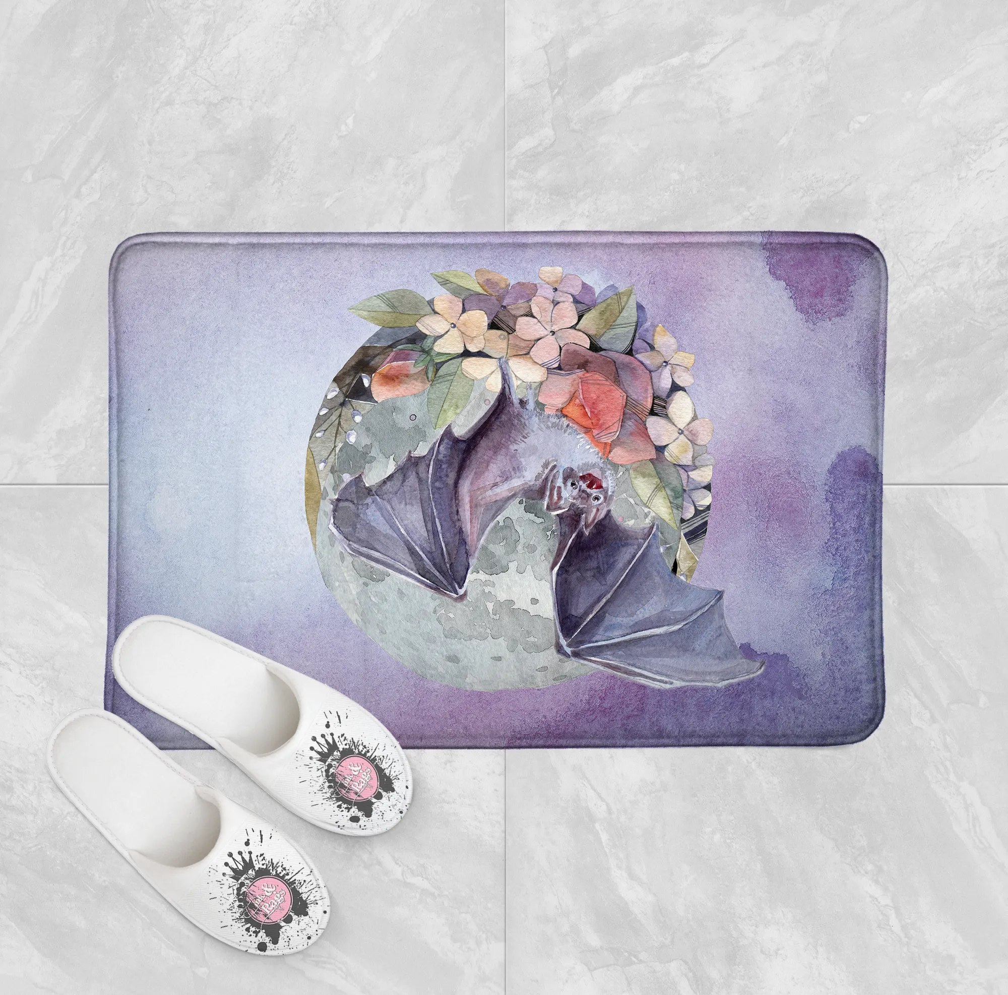 Lavender Fruit Bat Moon and Flower Shower Curtains and Optional Bath Mats